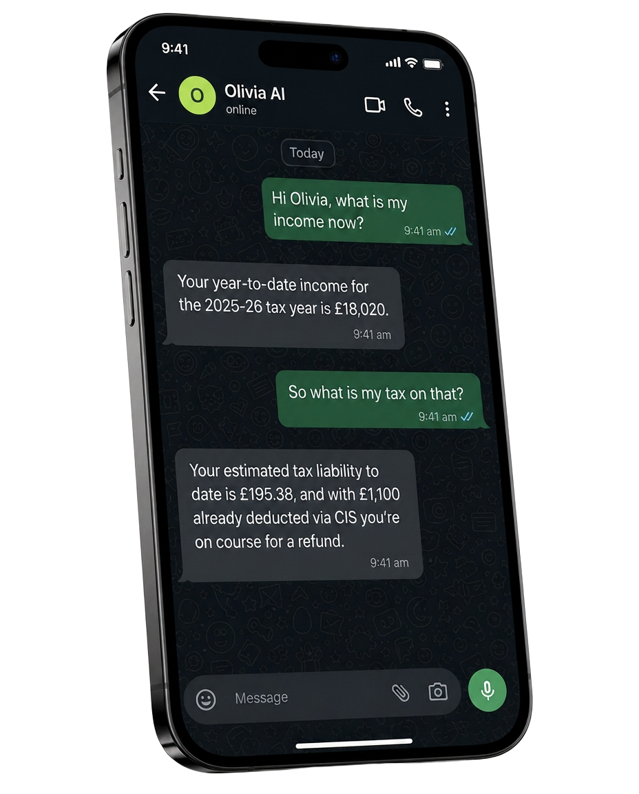 An iPhone showing a WhatsApp chat with Olivia AI, who reports year-to-date income of £18,020 and an estimated tax liability of £195.38 after CIS deductions